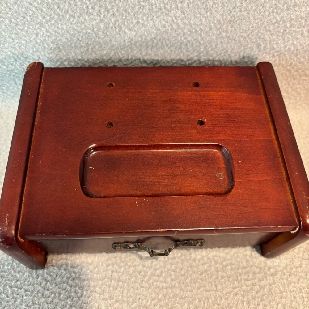 Vtg. Wooden Jewelry Box with Velvet-Lined Single Drawer with Decorative Handle